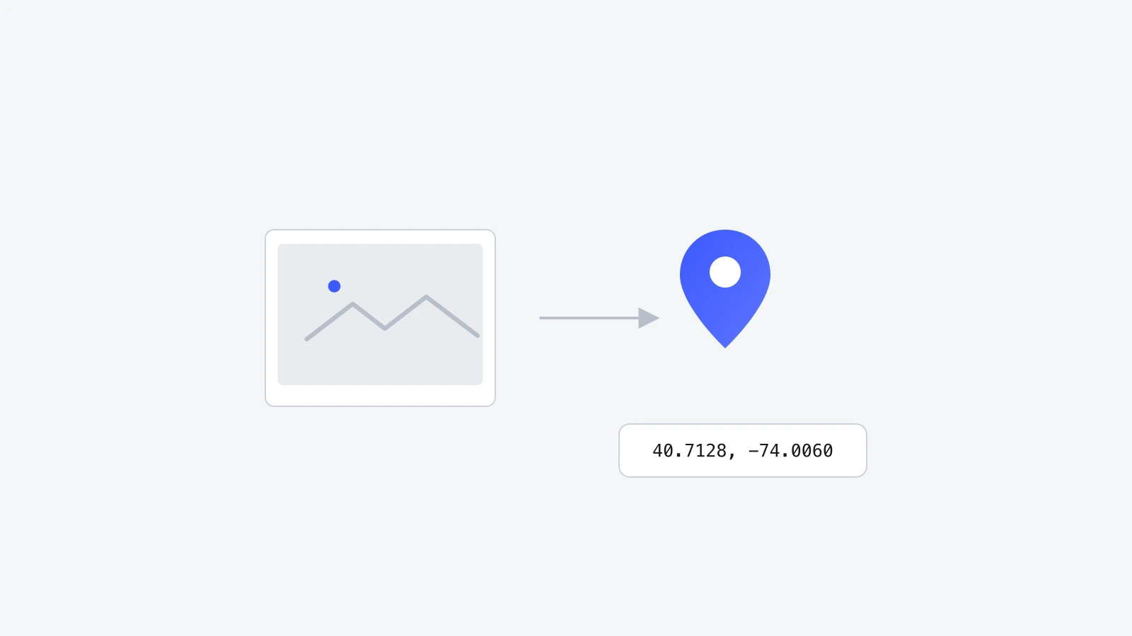A photo icon with an arrow pointing to a map pin and a set of GPS coordinates, representing adding location data to a photo