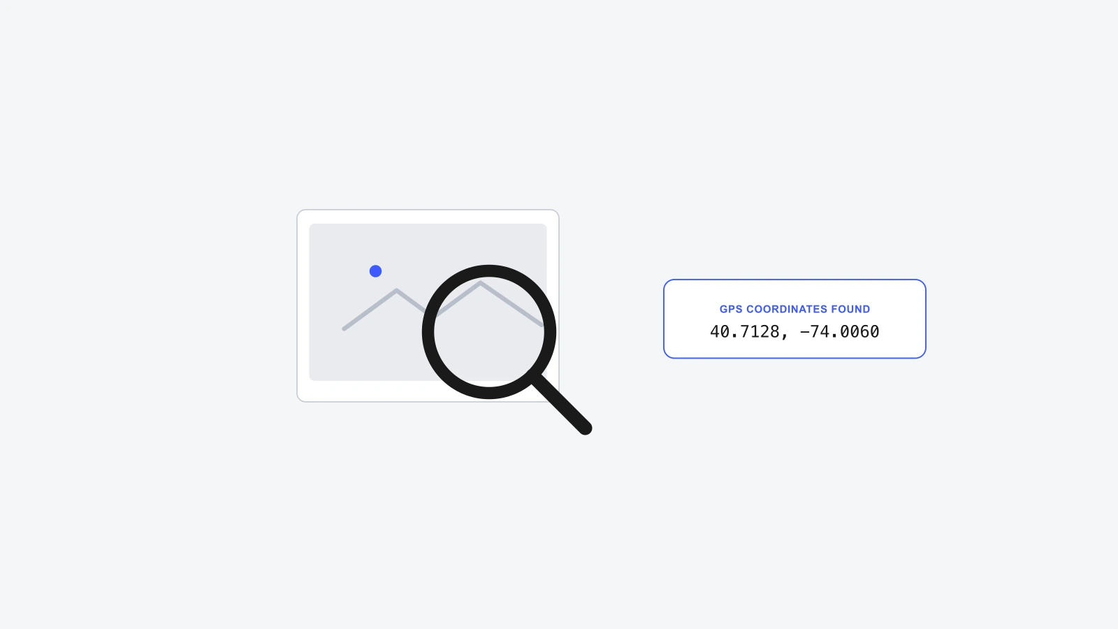 A magnifying glass over a photo revealing GPS coordinates, representing finding location data already stored in a photo
