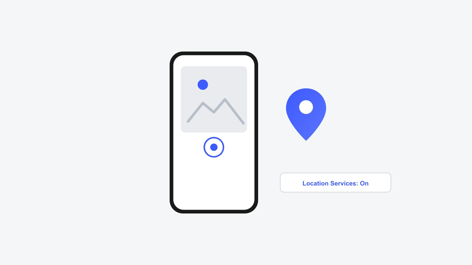 An iPhone with a camera icon and a map pin, representing geotagging photos on iPhone