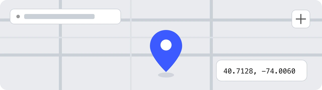Mockup of a map interface with a search bar, a dropped location pin, and a GPS coordinate readout showing latitude and longitude